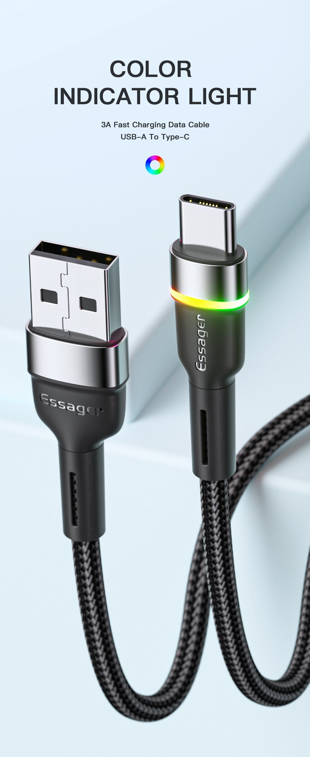 Essager 3A USB Type C Cable Fast Charging RGB - SekelBoer