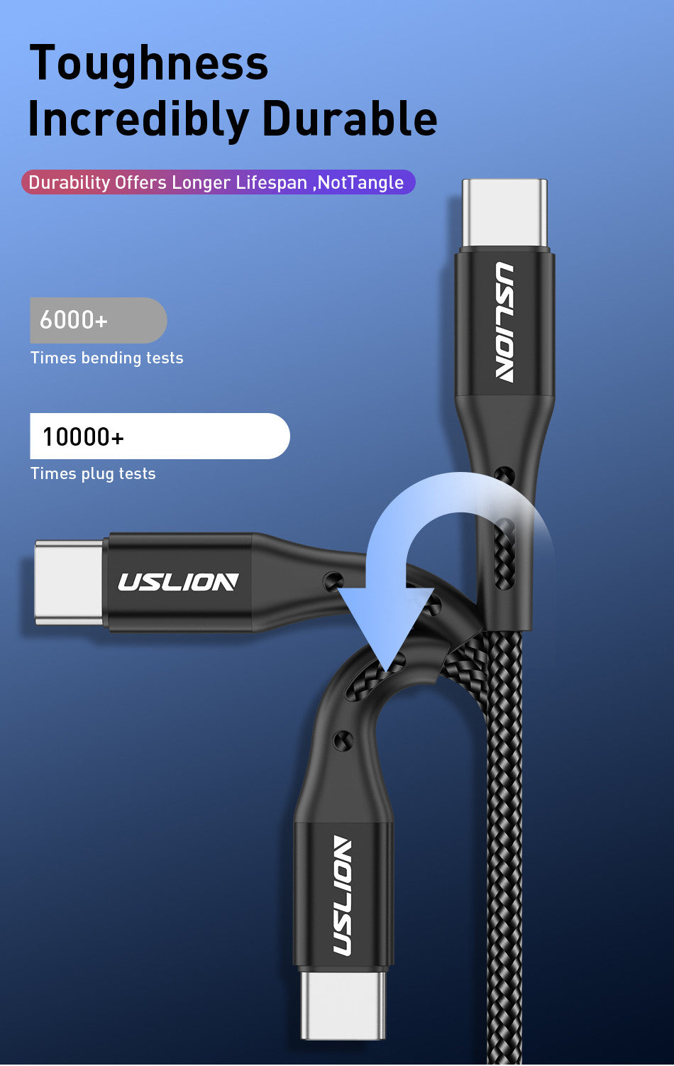 USLION Black 3A USB Type C Cable 2 meters - SekelBoer