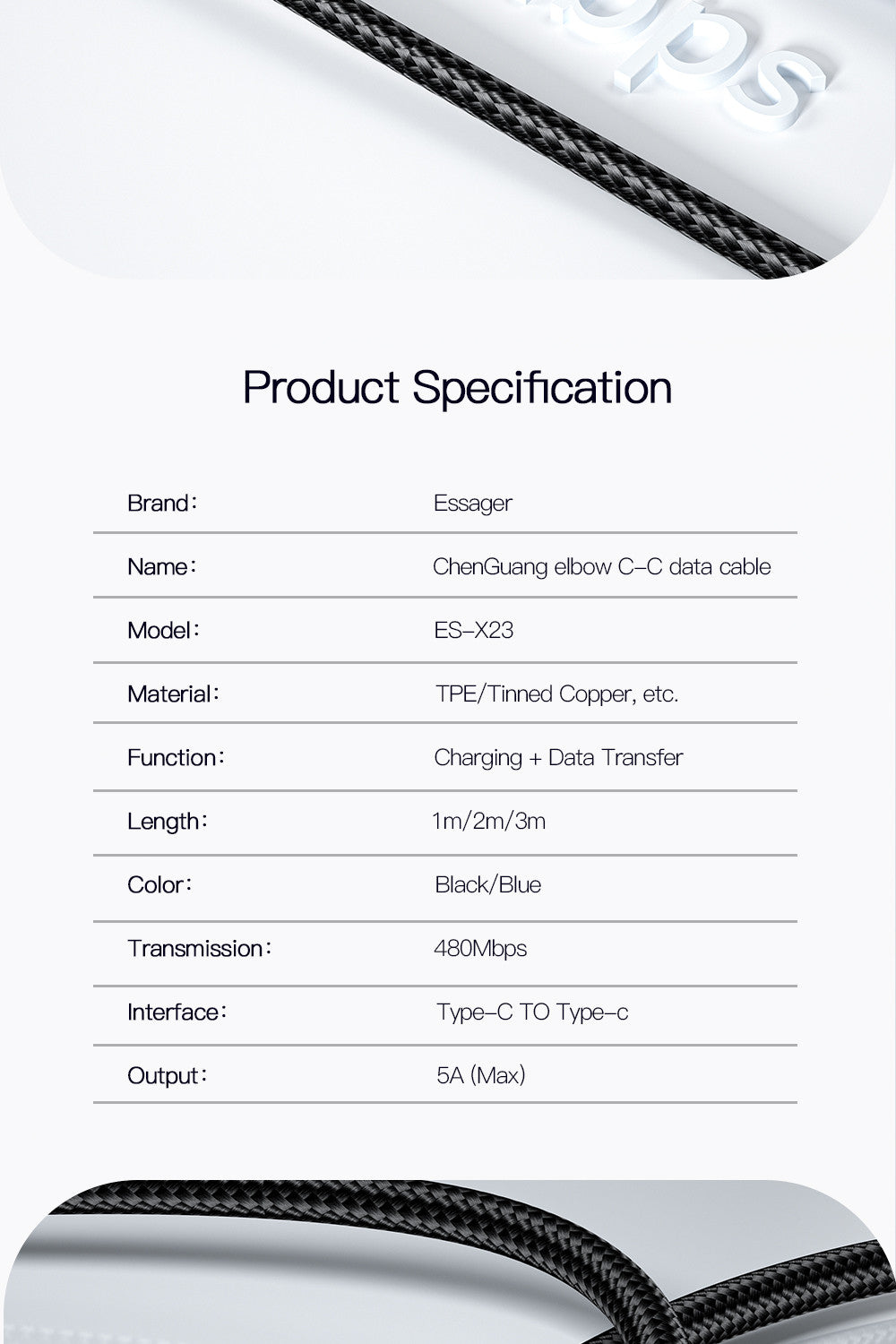 Essager 100W 7A Type C To USB 2 Meters - SekelBoer